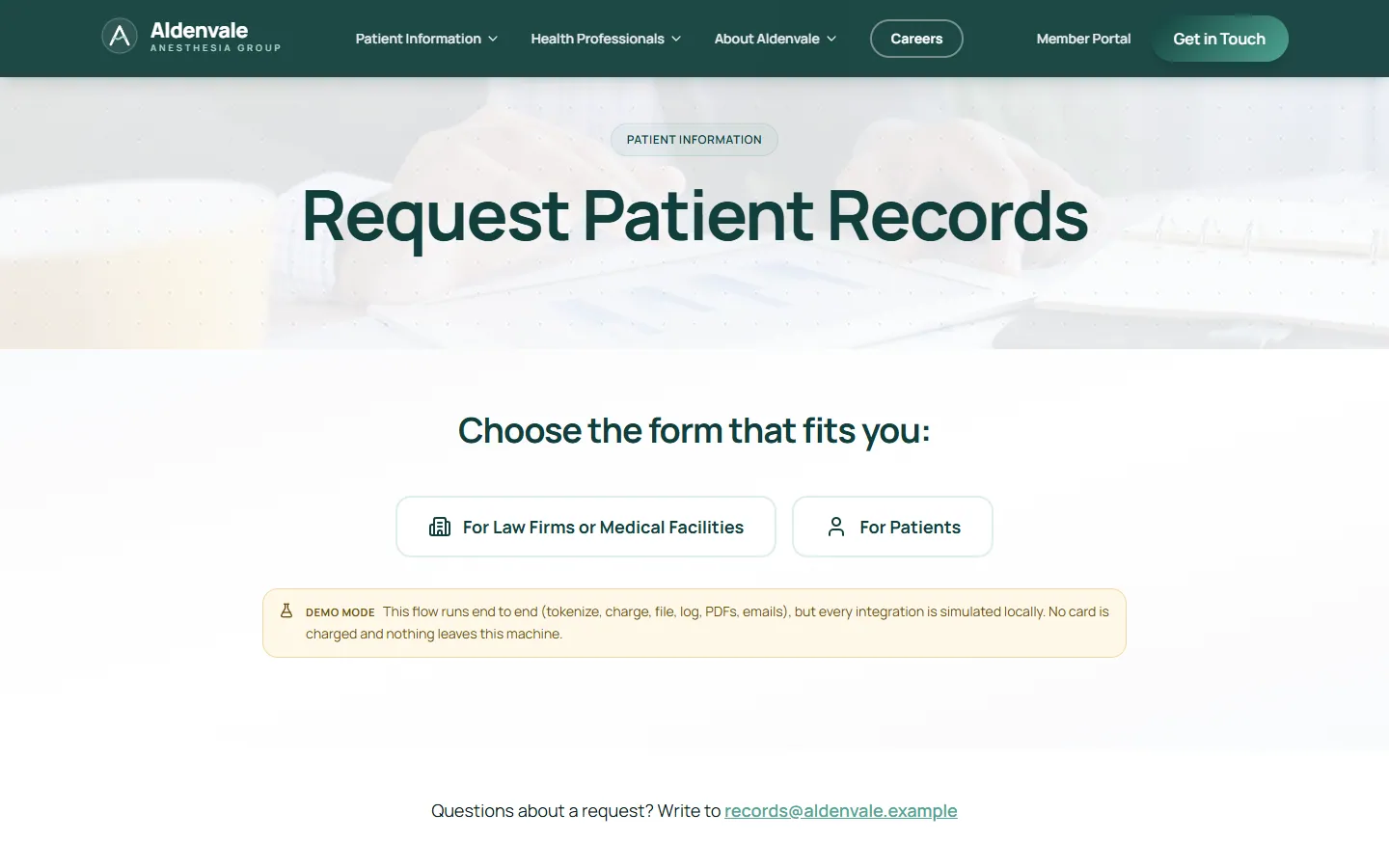 Aldenvale Anesthesia Group, solicitud de expedientes en una pantalla de escritorio