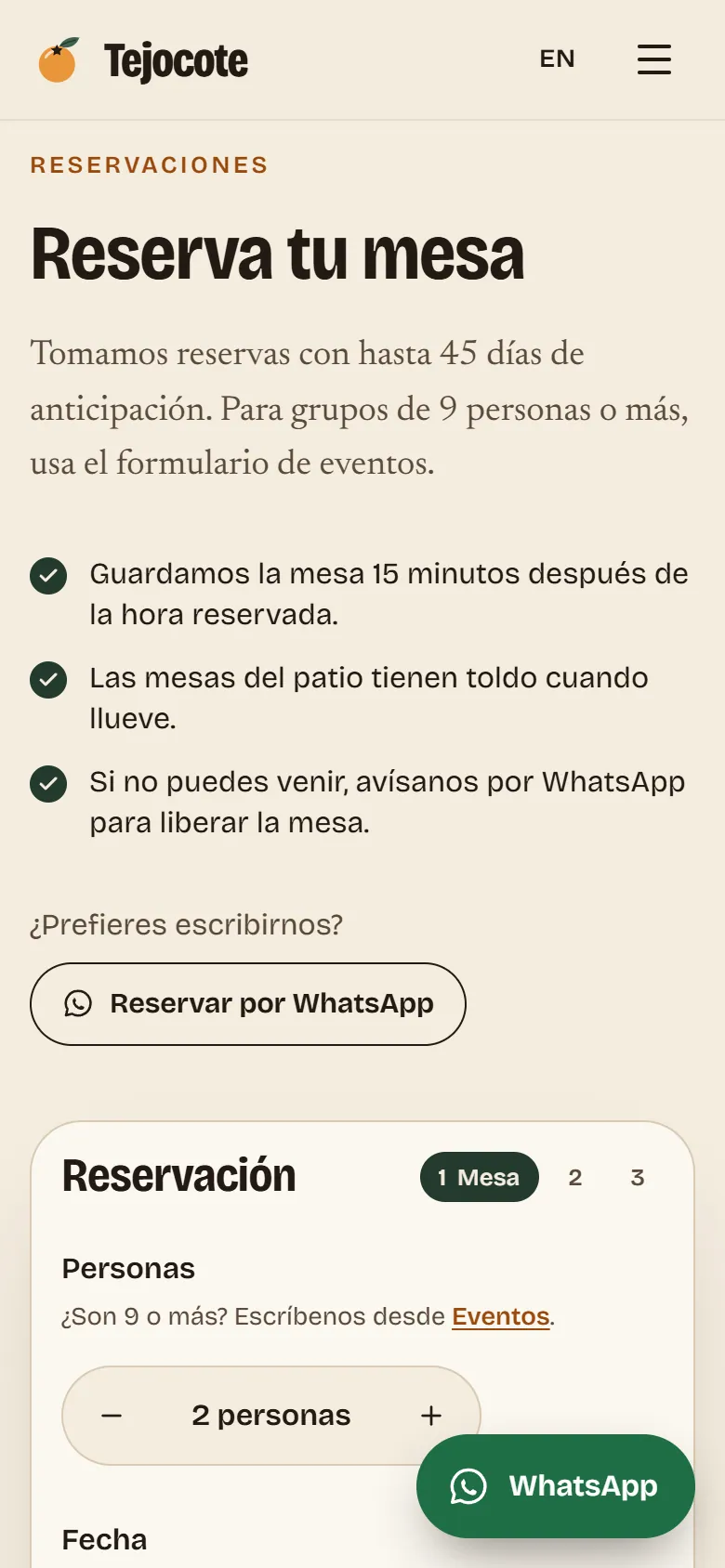 Tejocote, reservaciones en un teléfono