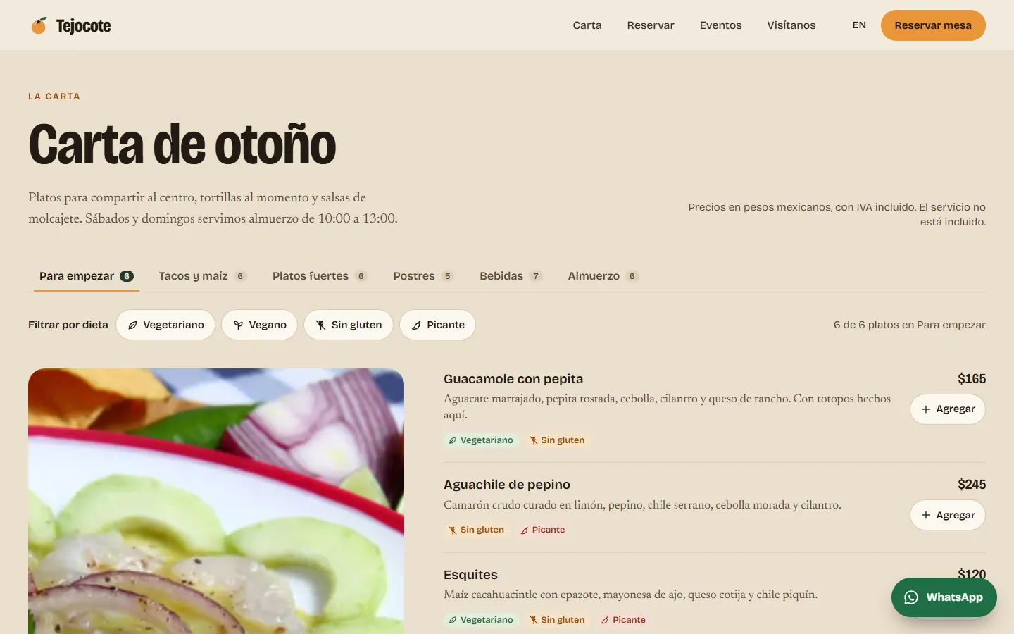 Tejocote, carta con filtros por dieta en una pantalla de escritorio