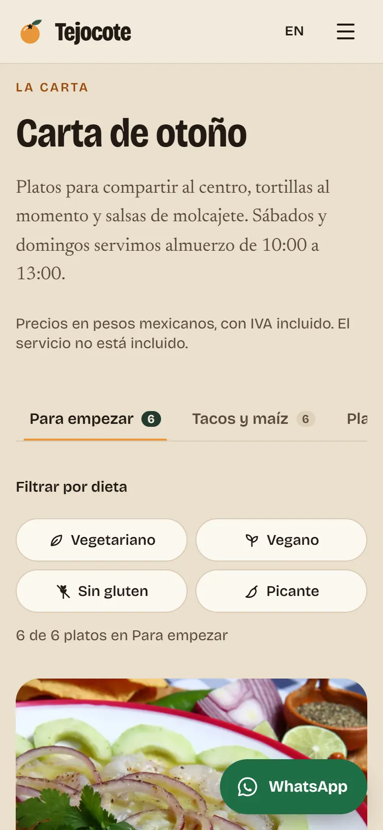 Tejocote, carta con filtros por dieta en un teléfono